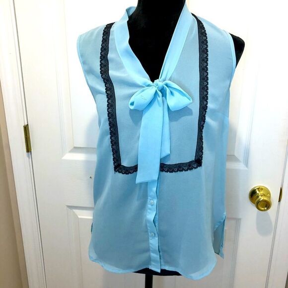 Petticoat Alley blue button down sheer bow blouse - Picture 1 of 11